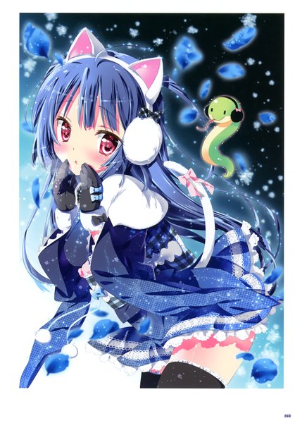 Anime picture 2446x3500 with momoiro taisen pairon himeka (pairon) kamiya maneki single long hair tall image blush highres red eyes animal ears blue hair cat ears scan cat girl cat tail girl dress