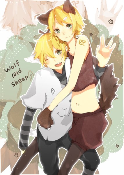 Anime picture 1135x1600 with vocaloid kagamine rin kagamine len hiiro (artist) tall image looking at viewer blush short hair open mouth blonde hair bare shoulders one eye closed wink alternate costume hug zoom layer wolf ears wolf tail brother and sister girl