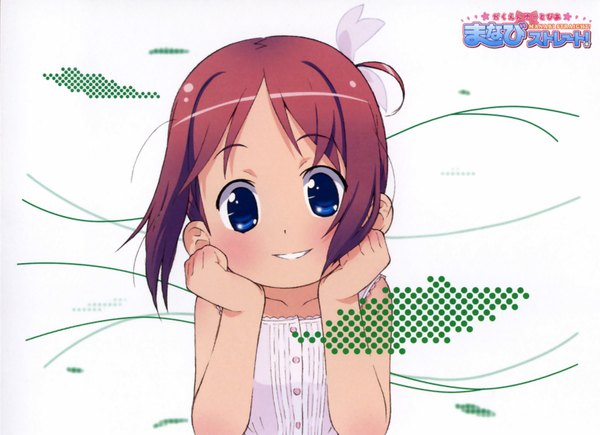 Anime picture 1604x1164 with gakuen utopia manabi straight amamiya manami single looking at viewer short hair blue eyes smile brown hair white background bare shoulders payot upper body hand on face girl chemise