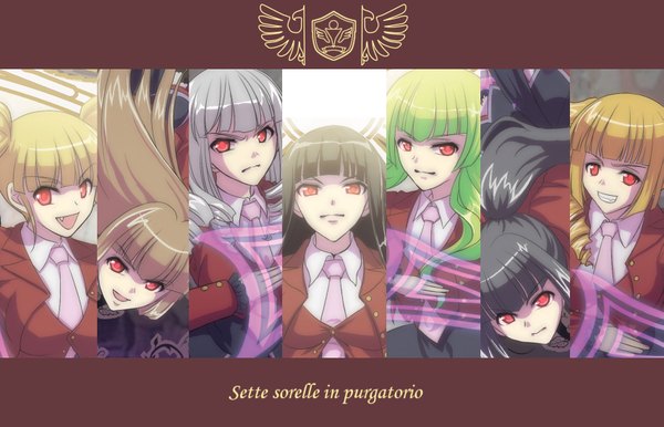 Anime picture 1707x1100 with umineko no naku koro ni lucifer mammon belphegor satan asmodeus (umineko) beelzebub (umineko) leviathan (umineko) stakes of purgatory long hair highres black hair blonde hair red eyes white hair ponytail green hair