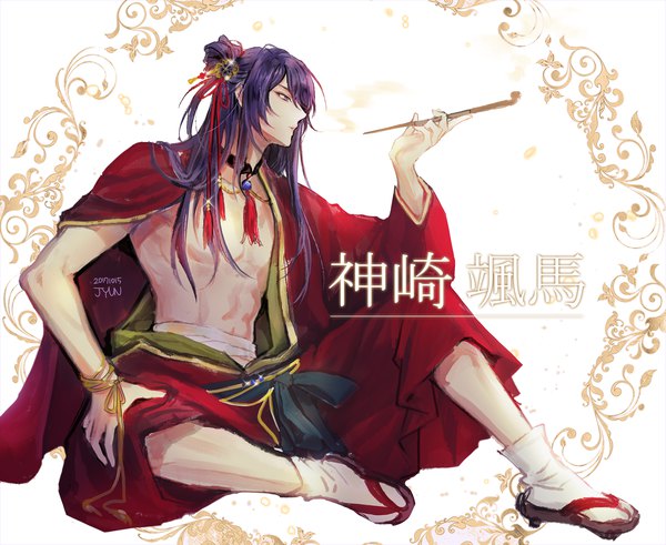 Anime picture 2000x1639 with ensemble stars! kanzaki souma jyun (pixiv14105493) single long hair highres sitting purple eyes signed looking away purple hair full body traditional clothes japanese clothes profile hair bun (hair buns) character names dated hand on knee boy