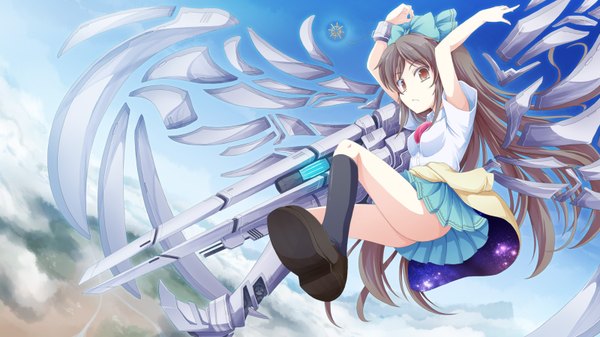 Anime picture 1600x900 with touhou reiuji utsuho tri (pixiv) long hair black hair wide image brown eyes sky cloud (clouds) arm cannon girl bow weapon hair bow wings socks black socks