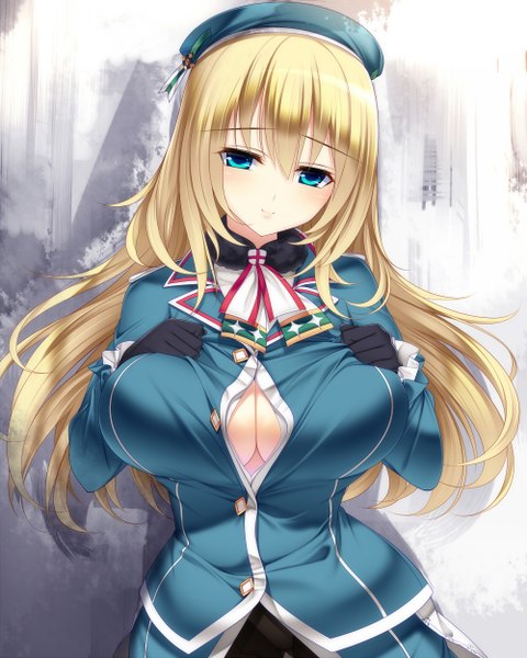 Anime picture 1000x1250 with kantai collection atago heavy cruiser dragonmaterial single long hair tall image looking at viewer blush breasts blue eyes light erotic blonde hair smile large breasts cleavage open clothes military girl gloves uniform