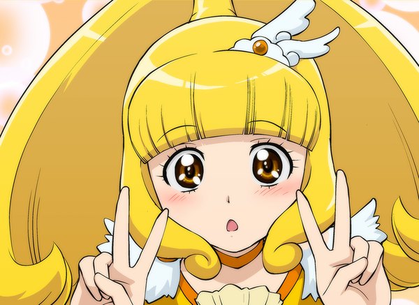 Anime picture 1000x729 with precure smile precure! toei animation kise yayoi cure peace ueyama michirou single long hair blush fringe open mouth blonde hair yellow eyes victory face girl