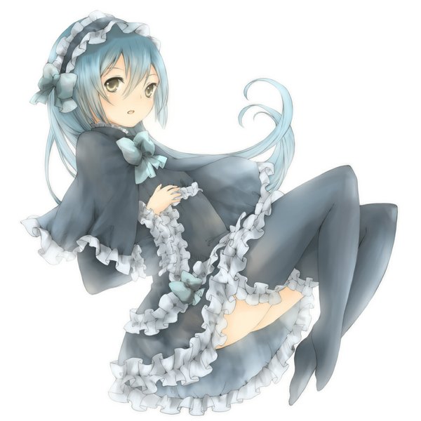 Anime picture 1000x1000 with original aquariumtama single long hair looking at viewer open mouth simple background white background brown eyes blue hair legs girl thighhighs dress bow black thighhighs frills headdress