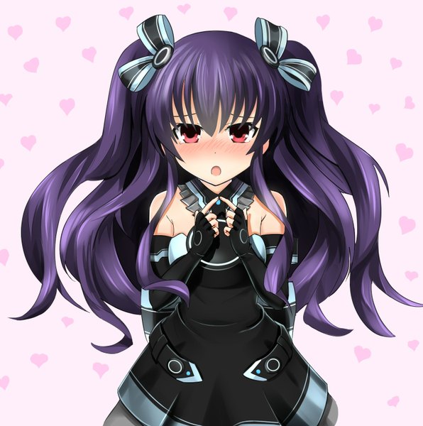 Anime picture 1490x1500 with choujigen game neptune uni (choujigen game neptune) grav single long hair tall image blush open mouth red eyes purple hair two side up fingers together girl dress bow hair bow heart