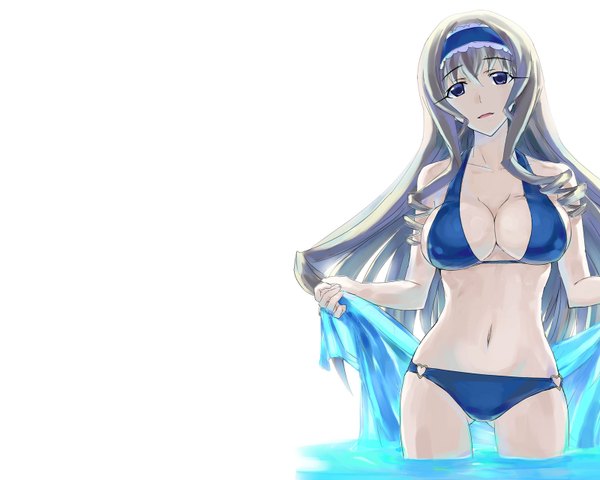 Anime picture 1600x1280 with infinite stratos 8bit cecilia orcott tagme (artist) single long hair breasts open mouth blue eyes light erotic simple background blonde hair white background drill hair girl navel swimsuit bikini hairband