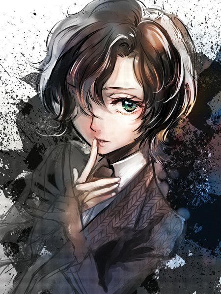 Anime picture 810x1080 with eroica yori ai o komete james (eroica yori ai o komete) yotsun single tall image looking at viewer fringe short hair black hair green eyes hair over one eye finger to mouth face sketch boy shirt necktie