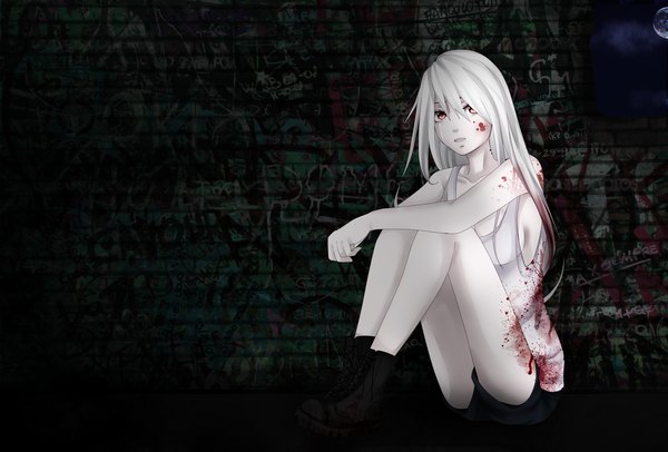 Anime picture 4000x2712 with original seethli single long hair highres smile hair between eyes red eyes sitting bare shoulders looking away absurdres white hair parted lips inscription bare legs tears dark background face pale skin