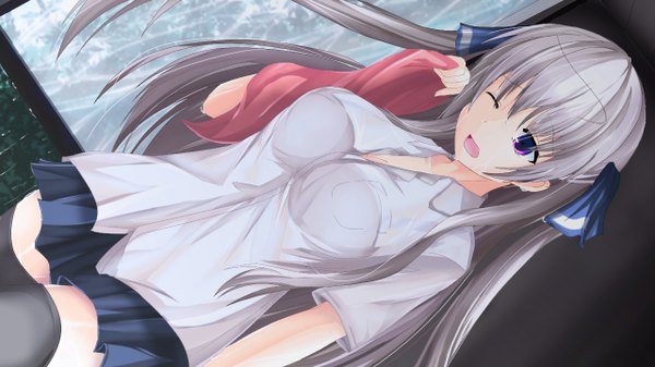 Anime picture 1280x720 with original kanzaki kureha single long hair open mouth wide image twintails purple eyes silver hair one eye closed wink wet dutch angle wallpaper girl thighhighs skirt ribbon (ribbons) black thighhighs hair ribbon