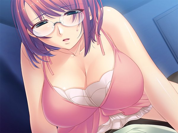 Anime picture 1024x768 with motto nee, chanto shiyou yo! afterstory ichijou touka short hair breasts blue eyes light erotic game cg red hair huge breasts girl glasses