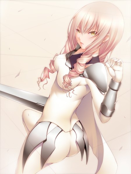 Anime picture 750x1000 with claymore madhouse anastasia (claymore) shokuyou mogura single long hair tall image looking at viewer light erotic blonde hair yellow eyes drill hair girl weapon sword armor bodysuit