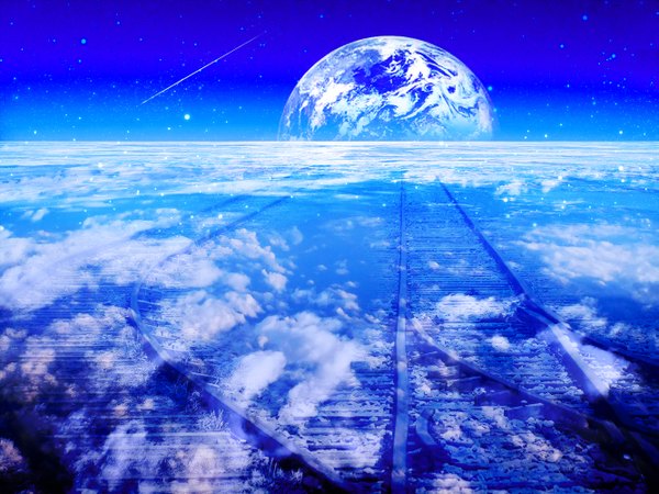 Anime picture 1333x1000 with original zonomaru sky cloud (clouds) horizon shooting star star (stars) planet earth