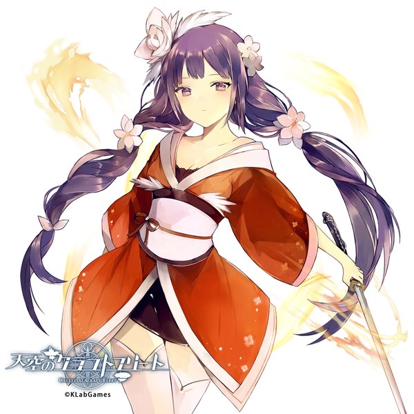 Anime picture 800x800 with tenkuu no crystalia lpip single long hair looking at viewer blush fringe white background twintails purple eyes bare shoulders holding payot cleavage purple hair traditional clothes japanese clothes hair flower wide sleeves official art