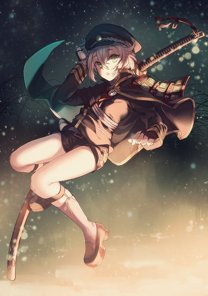 Anime picture 600x850 with touken ranbu nitroplus hotarumaru tenkuu sphere single tall image fringe short hair open mouth hair between eyes green eyes looking away silver hair full body bent knee (knees) night :o hand on head jumping boy