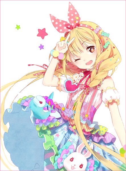 Anime picture 800x1082 with idolmaster idolmaster cinderella girls idolmaster cinderella girls starlight stage futaba anzu hakusai (tiahszld) single long hair tall image looking at viewer open mouth simple background blonde hair white background brown eyes braid (braids) nail polish one eye closed wink twin braids symbol-shaped pupils