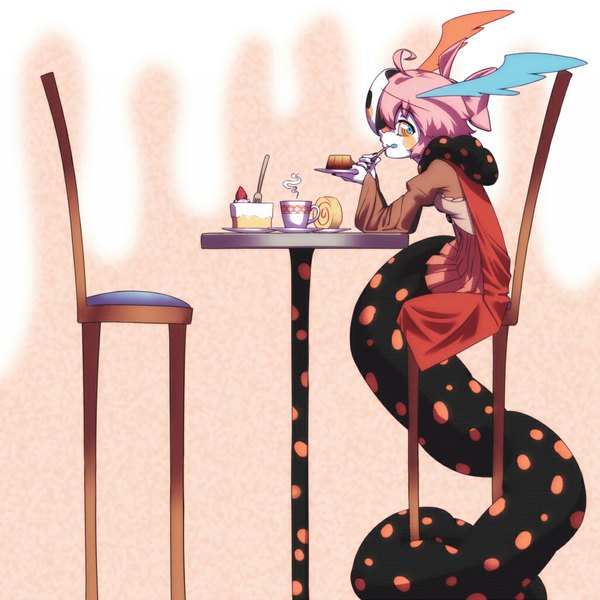 Anime picture 1024x1024 with mahou shoujo madoka magica shaft (studio) charlotte (madoka magica) aomi mayoru single short hair blue eyes sitting pink hair eating mask on head food sweets mask chair swiss roll