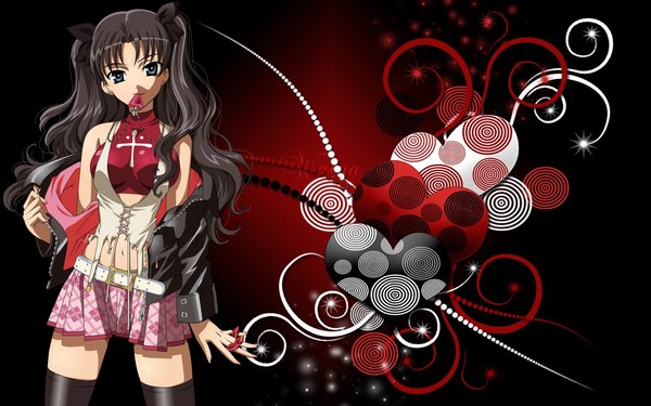 Anime picture 1280x800 with fate (series) fate/stay night studio deen type-moon toosaka rin single long hair black hair wide image green eyes abstract girl cross locket