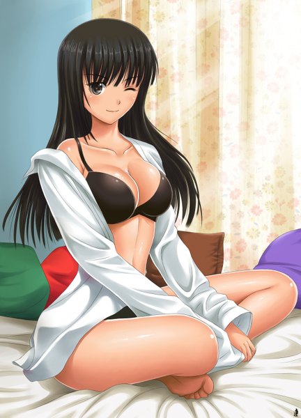 Anime picture 2125x2952 with original xiao lian single long hair tall image looking at viewer blush highres breasts light erotic black hair smile brown eyes one eye closed wink open clothes open shirt girl underwear panties