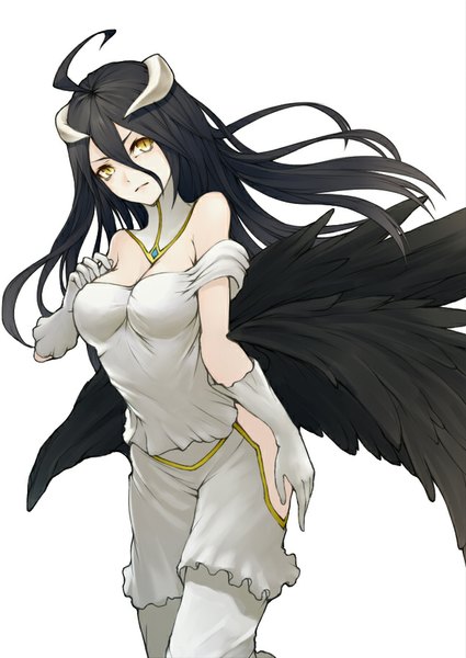 Anime picture 646x913 with overlord (maruyama) madhouse albedo (overlord) kyoeiki single long hair tall image looking at viewer breasts black hair simple background standing white background bare shoulders yellow eyes ahoge horn (horns) demon girl black wings demon wings