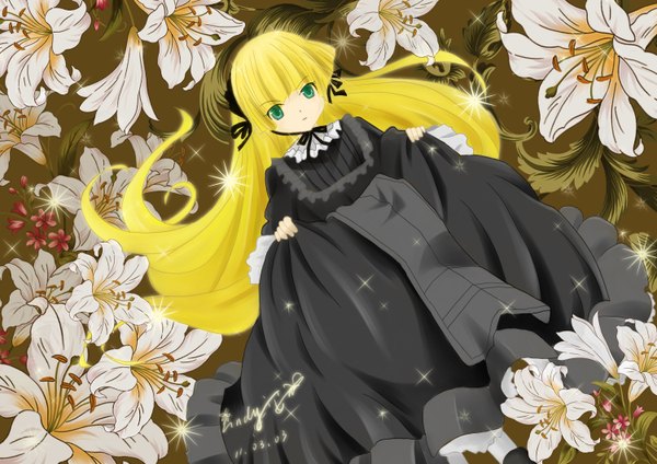Anime picture 1500x1060 with gosick studio bones victorique de blois single long hair blonde hair green eyes loli girl dress flower (flowers) lily (flower)