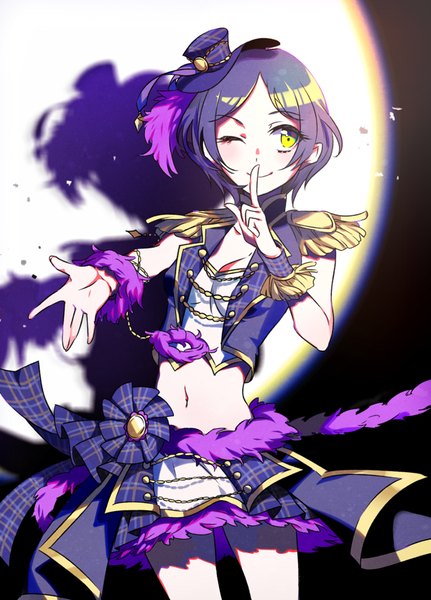 Anime picture 600x835 with idolmaster idolmaster cinderella girls hayami kanade yuura single tall image blush short hair smile yellow eyes looking away purple hair one eye closed wink bare belly shadow outstretched arm finger to mouth midnight rave girl