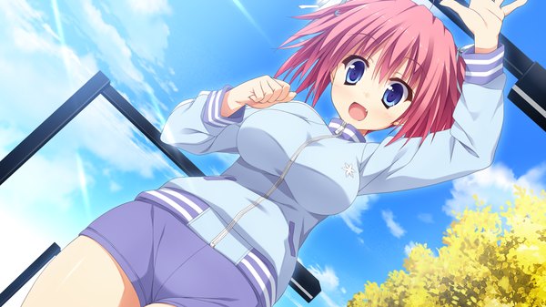 Anime picture 1280x720 with koishiki manual suzuka aki saeki nao single looking at viewer short hair breasts open mouth blue eyes smile wide image large breasts pink hair game cg sky cloud (clouds) sunlight teeth fang (fangs) girl
