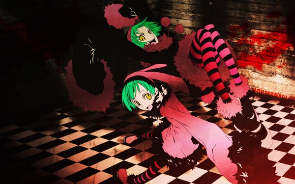 Anime picture 2560x1600 with dogs: bullets & carnage david production luki noki highres wide image multiple girls yellow eyes green hair checkered floor girl 2 girls pantyhose striped pantyhose