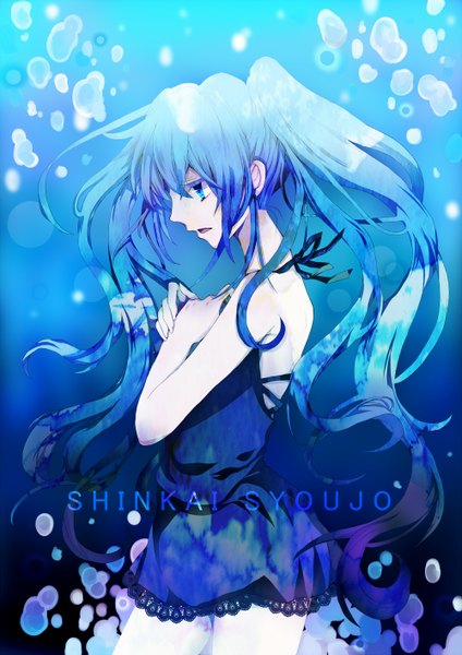 Anime picture 1000x1414 with vocaloid hatsune miku nono (emem0421) single long hair tall image open mouth blue eyes twintails blue hair girl underwear sundress bubble (bubbles)