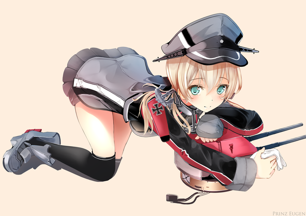 Anime picture 1300x919 with kantai collection prinz eugen (kantai collection) miyabi (miyabi) single long hair blush simple background blonde hair smile twintails aqua eyes girl thighhighs skirt gloves uniform black thighhighs miniskirt white gloves military uniform
