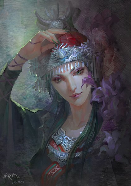 Anime picture 800x1135 with hrfleur single long hair tall image green eyes signed nail polish traditional clothes green hair lips realistic eyeshadow makeup girl hair ornament flower (flowers) earrings headdress