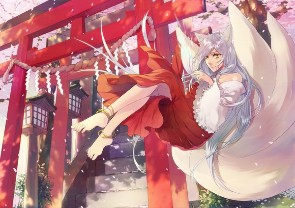Anime picture 1800x1274 with original otsuki (artist) single long hair highres animal ears yellow eyes silver hair animal tail barefoot multiple tails weightlessness girl skirt petals stairs torii shrine