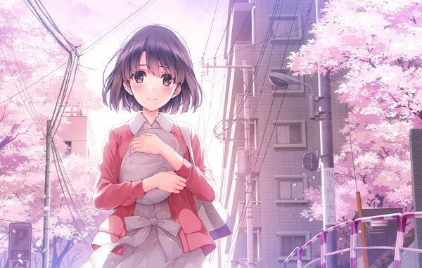 Anime picture 2200x1400 with saenai heroine no sodatekata a-1 pictures katou megumi misaki kurehito single looking at viewer blush highres short hair black hair black eyes girl dress petals bag