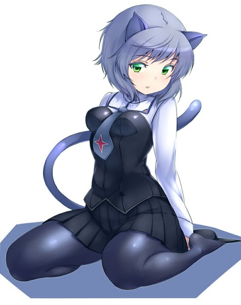 Anime picture 791x1000 with strike witches sanya v. litvyak zizi (zz22) single tall image looking at viewer short hair open mouth simple background white background green eyes animal ears tail animal tail grey hair cat ears cat girl cat tail girl dress