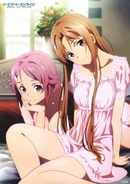 Anime picture 2570x3640 with sword art online a-1 pictures yuuki asuna lisbeth long hair tall image looking at viewer highres short hair brown hair purple eyes multiple girls brown eyes pink hair light smile scan official art girl 2 girls nightie