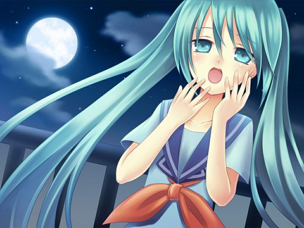 Anime picture 1024x768 with vocaloid hatsune miku long hair open mouth twintails cloud (clouds) aqua eyes aqua hair night girl serafuku moon full moon