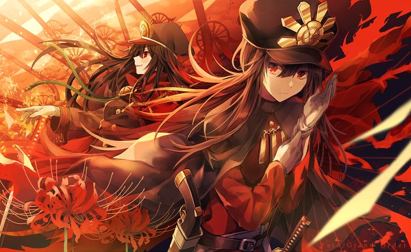 Anime picture 1200x736 with fate (series) fate/grand order koha-ace oda nobunaga (fate) (all) oda nobunaga (fate) oda nobukatsu (fate) yunohito long hair looking at viewer fringe red eyes brown hair wide image looking away profile arm up girl boy gloves uniform