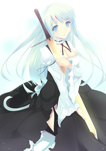 Anime picture 800x1132 with original daiaru single long hair tall image blue eyes simple background white background blue hair looking away girl thighhighs dress weapon black thighhighs sword