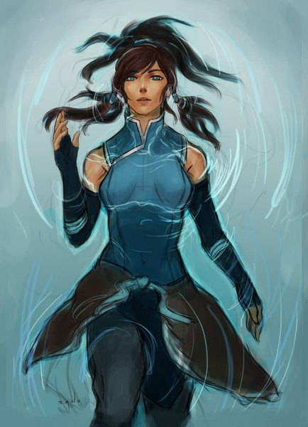 Anime picture 742x1024 with avatar: the legend of korra korra single long hair tall image looking at viewer fringe breasts blue eyes brown hair bare shoulders bent knee (knees) parted lips midriff partially submerged outstretched arm dark skin blue background girl gloves