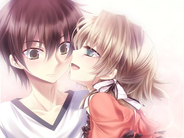 Anime picture 1024x768 with nadeshiko drip kozakura hina open mouth black hair blonde hair brown eyes green eyes game cg couple girl boy