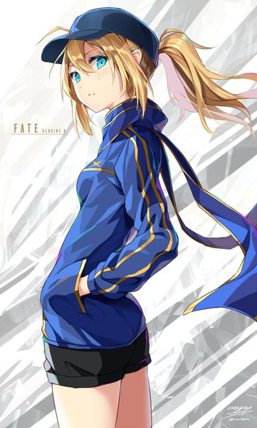 Anime picture 725x1205 with fate (series) fate/grand order artoria pendragon (all) saber mysterious heroine x (fate) rin yuu single long hair tall image looking at viewer fringe open mouth blonde hair hair between eyes white background signed payot ahoge ponytail looking back