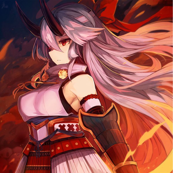 Anime picture 2000x2000 with fate (series) fate/grand order tomoe gozen (fate) mou tama maru single long hair fringe highres light erotic hair between eyes red eyes looking away pink hair traditional clothes parted lips japanese clothes profile horn (horns) wind sideboob