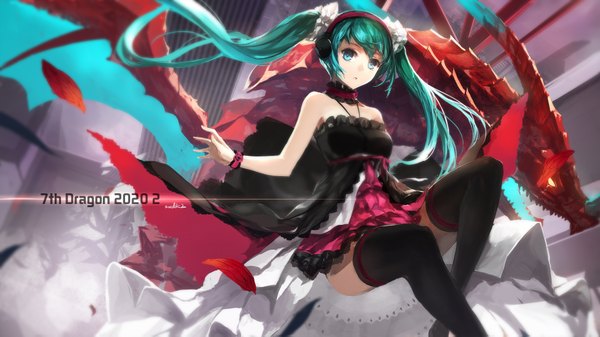 Anime picture 1890x1063 with 7th dragon 2020 vocaloid hatsune miku swd3e2 single long hair looking at viewer highres wide image twintails green eyes signed green hair inscription flying dragon wings girl thighhighs dress black thighhighs