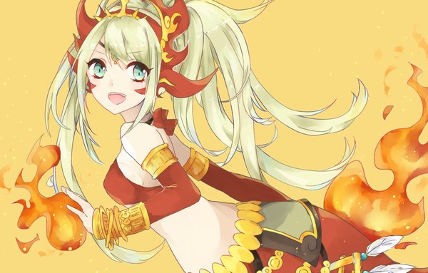Anime picture 1111x710 with puzzle & dragons echidna (p&d) shiao single long hair open mouth simple background blonde hair bare shoulders looking away aqua eyes bare belly magic yellow background girl hair ornament detached sleeves bracelet jewelry flame