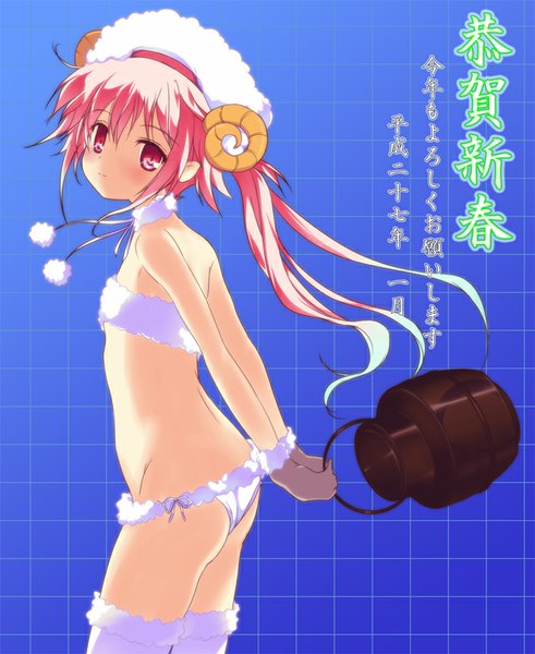 Anime picture 704x860 with kantai collection harusame destroyer bee (artist) single long hair tall image looking at viewer blush light erotic pink hair ass ponytail pink eyes horn (horns) inscription alternate costume side ponytail hieroglyph blue background new year