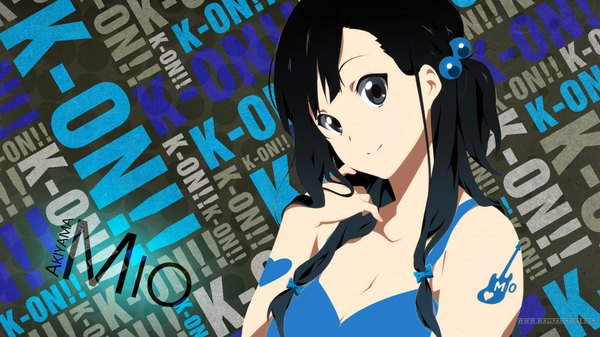 Anime picture 1920x1080 with k-on! kyoto animation akiyama mio single long hair looking at viewer highres black hair smile wide image braid (braids) black eyes inscription tattoo girl hair ornament hair tie hair bobbles