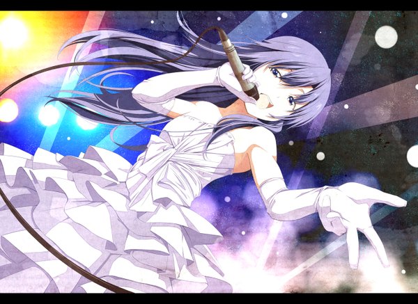 Anime picture 1400x1020 with idolmaster kisaragi chihaya tsukumo single long hair looking at viewer open mouth blue eyes smile bare shoulders purple hair singing girl dress gloves elbow gloves white dress microphone wire (wires)