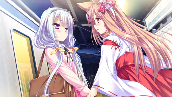 Anime picture 1280x720 with tayutama 2 mito kohaku yunohana nano long hair blush open mouth red eyes brown hair wide image purple eyes multiple girls animal ears blue hair game cg traditional clothes japanese clothes miko girl bow 2 girls