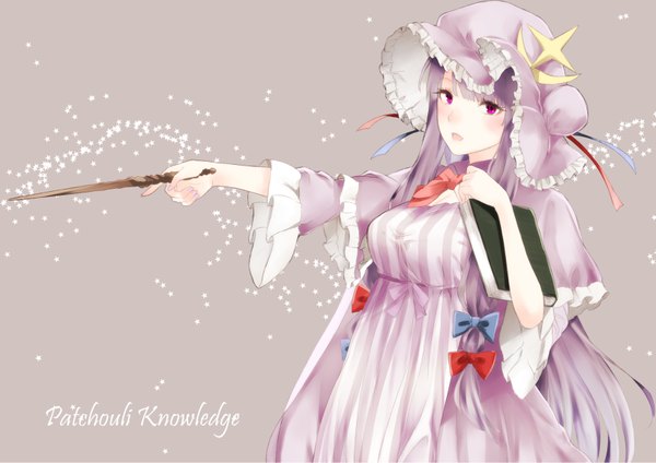 Anime picture 1637x1157 with touhou patchouli knowledge nagata nagato single long hair looking at viewer blush fringe open mouth simple background purple eyes purple hair blunt bangs grey background character names outstretched arm magic striped girl dress