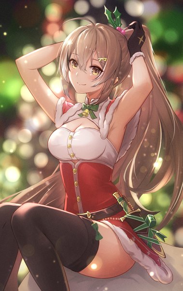 Anime picture 1777x2815 with virtual youtuber hololive hololive english nanashi mumei tokisaka makoto single long hair tall image looking at viewer fringe highres breasts smile hair between eyes brown hair sitting brown eyes payot cleavage ahoge